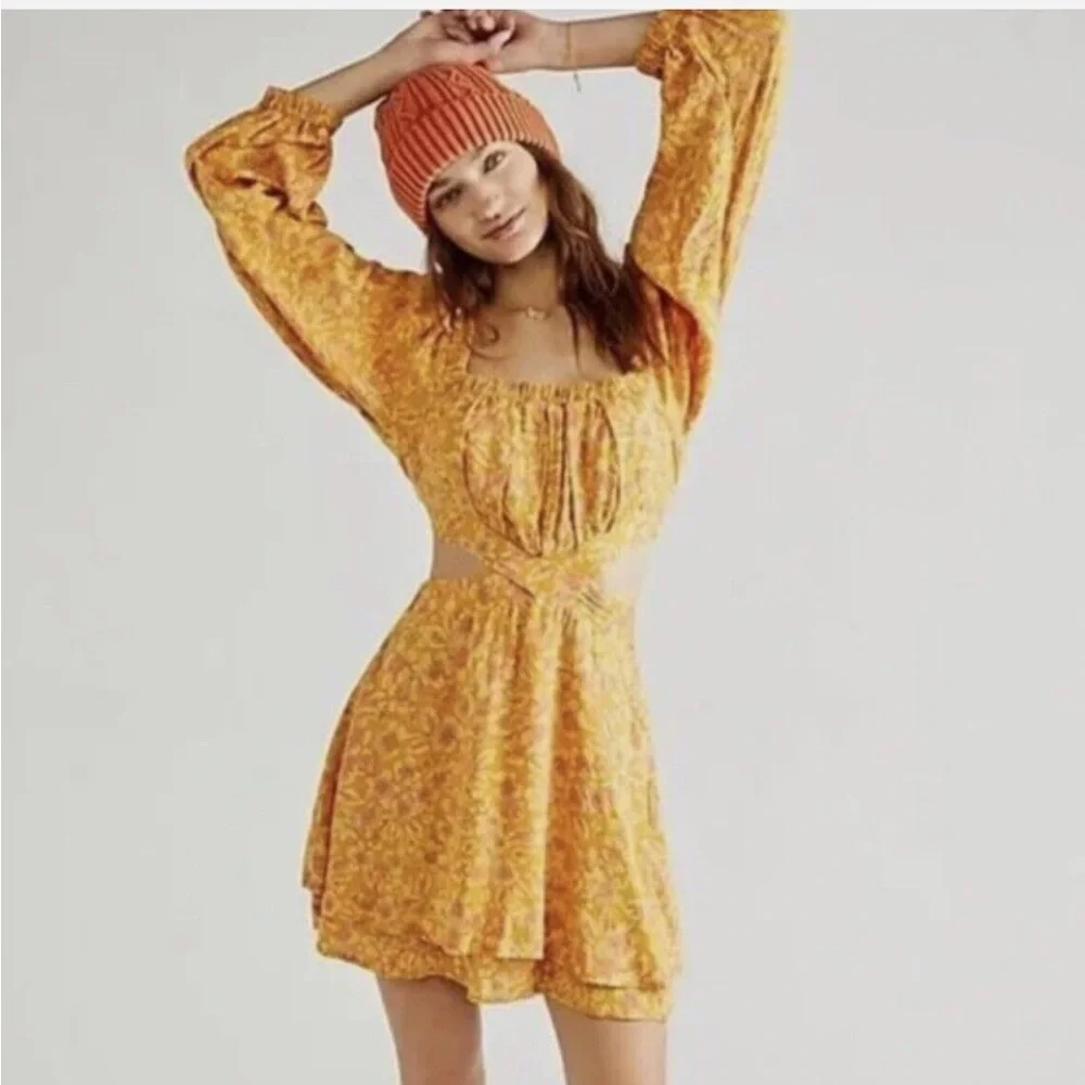 Free People Jael Cutout Mini Dress Golden Yellow Motif Floral Long Sleeve size M - Picture 3 of 11
